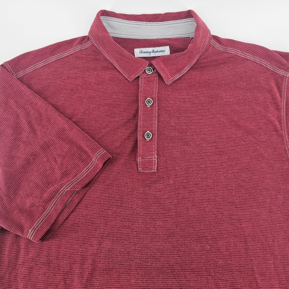 Tommy Bahama Mens XL Polo Shirt Burgundy Red Striped Tencel Blend Short Sleeve